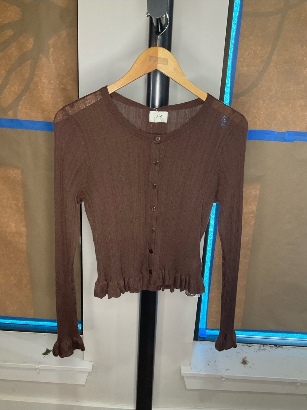 Cami NYC Brown Sheer Ribbed Button-Front Crop Top